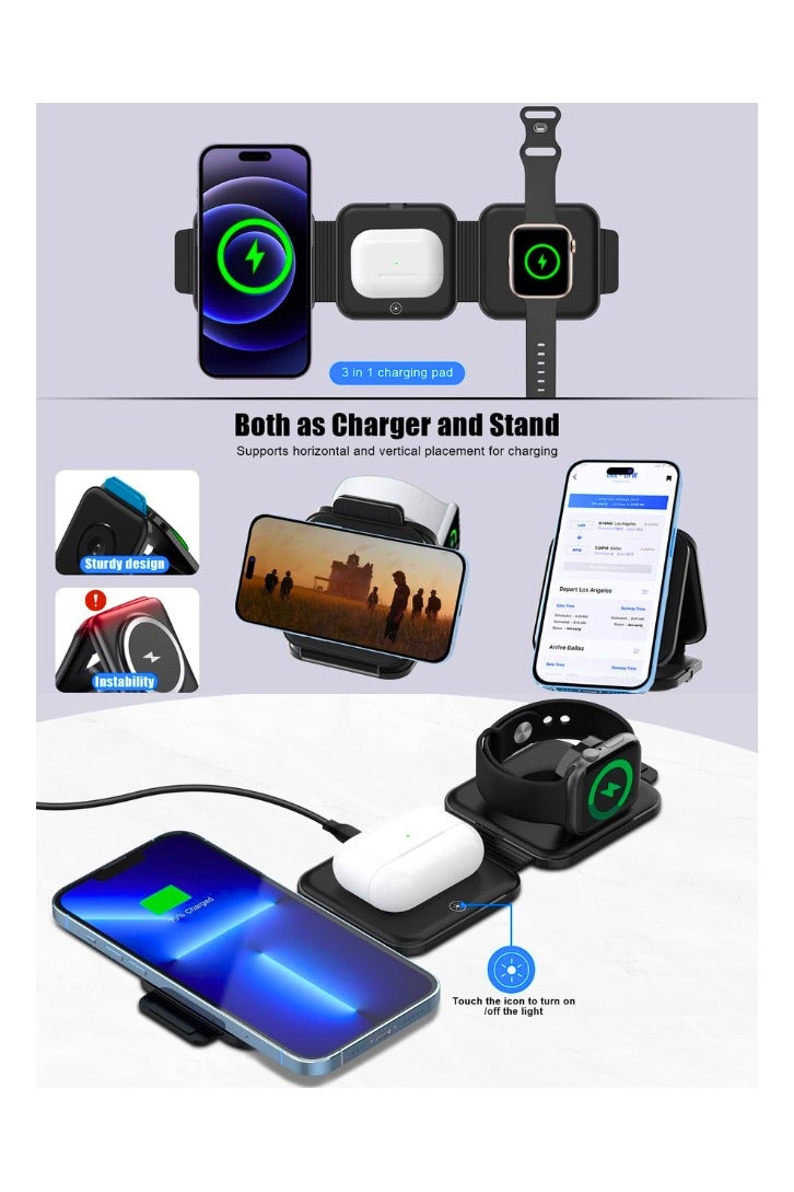 Chase Up Wireless Charger 3 in 1 with Travel Case Portable, Fast Wireless Charging Station, Foldable Wireless Charger for iPhone 15/14/13/12 Series, AirPods Pro/3/2, iWatch - Black - Image 2