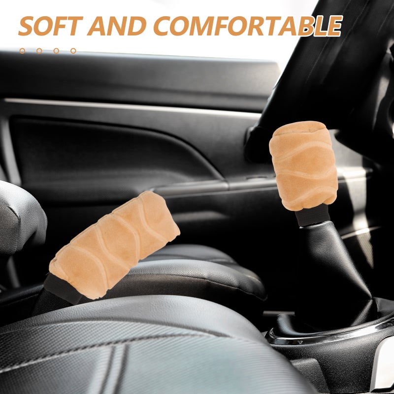 1 Set Handbrake Cover - Plush Winter Gear Shift Knob And Hand Brake Cover - Beige Lever Handle Protector Interior Accessories For Cold Weather - Image 4