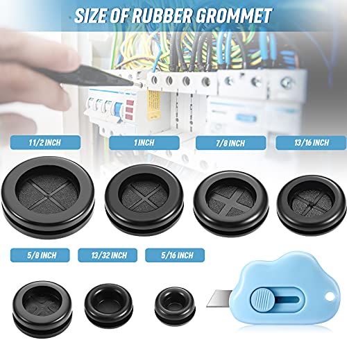 Outus Round Rubber Plug Hole Grommet Kit 7 Sizes Black Double Sided Electrical Firewall Gasket Kit with Retractable Box Knife for Protecting Cable Wire Hole Plug Assortment Automotive Supply (52 Pieces) - Image 2