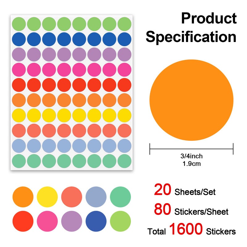 Misofuki 10 Different Colored Circle Dot Stickers for Toddlers Kids 3/4 Inch 1600 Pcs, Misofuki 20 Assorted Blank Garage Sale Price Stickers Sheets for Classroom Student Home, Round Color Coding Label Stickers - Image 2