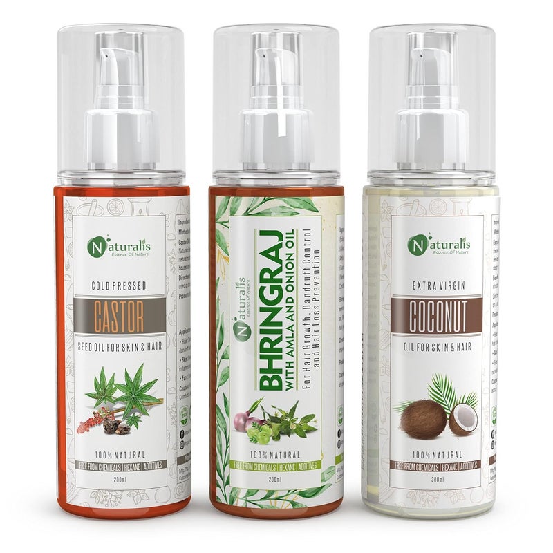 Naturalis Essence Of Nature Trio of Cold Pressed CastorBhringrajCoconut Oil for Skin  Hair 200ml Each - Image 1