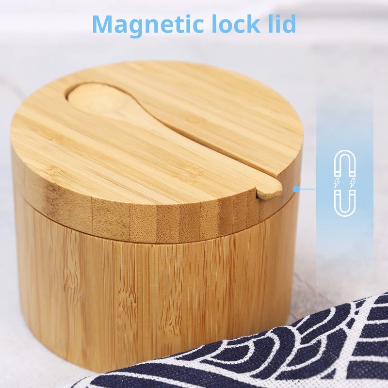 HTB Bamboo Salt Cellar with Mini Spoon, Kitchen Salt Box with Swivel Magnetic Closure Lid, Round Salt Container to Storage Pepper Spice Bath Salt Sea Salt - Image 5