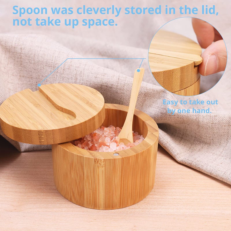 HTB Bamboo Salt Cellar with Mini Spoon, Kitchen Salt Box with Swivel Magnetic Closure Lid, Round Salt Container to Storage Pepper Spice Bath Salt Sea Salt - Image 3
