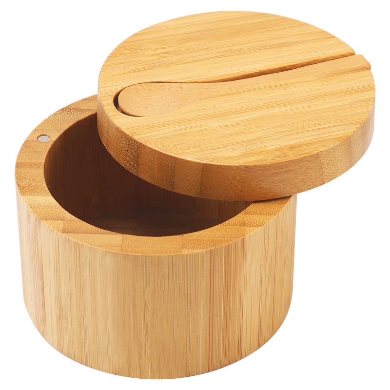 HTB Bamboo Salt Cellar with Mini Spoon, Kitchen Salt Box with Swivel Magnetic Closure Lid, Round Salt Container to Storage Pepper Spice Bath Salt Sea Salt - Image 1