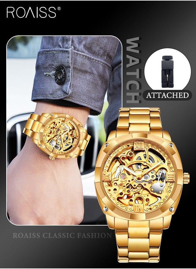 roaiss Men's Steel Band Self-winding Mechanical Watch,Analog Display Hollow Round Big Dial, Trend Luminous Waterproof Luxurious Wristwatch as Gift for Men  - Image 1