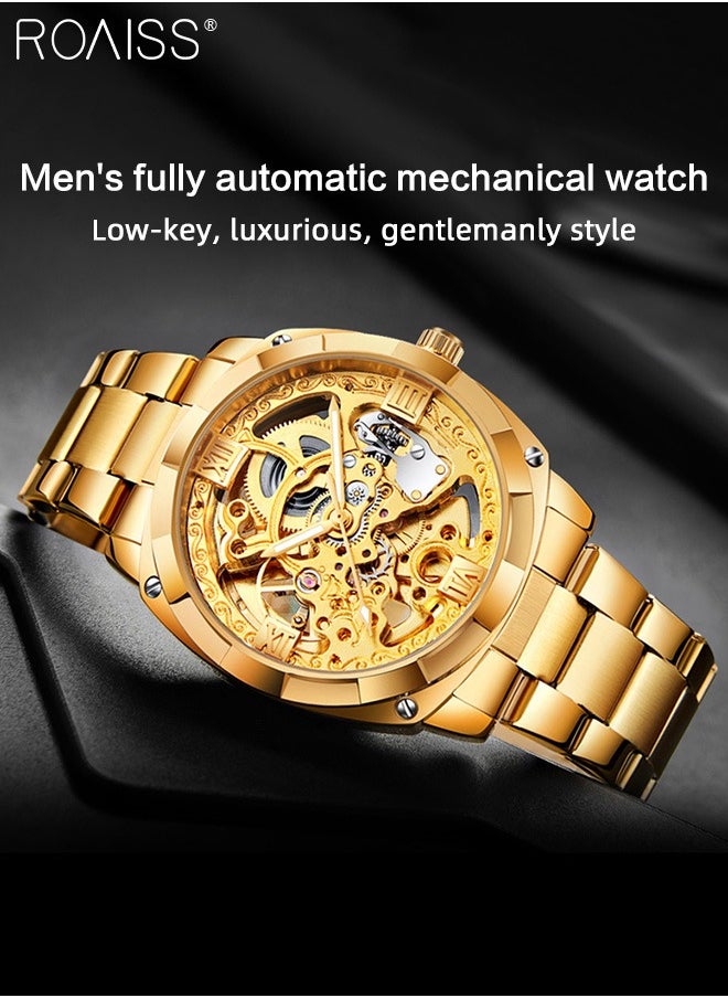 roaiss Men's Steel Band Self-winding Mechanical Watch,Analog Display Hollow Round Big Dial, Trend Luminous Waterproof Luxurious Wristwatch as Gift for Men  - Image 3