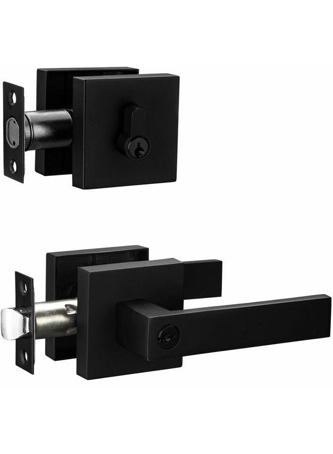 Berlin Modisch Contemporary Square Entry Lever Door Handle and Single Cylinder Deadbolt Locking Lever Handle Set [Front Door or Office] Right & Left Sided Doors Heavy Duty – Iron Black Finish - Image 1