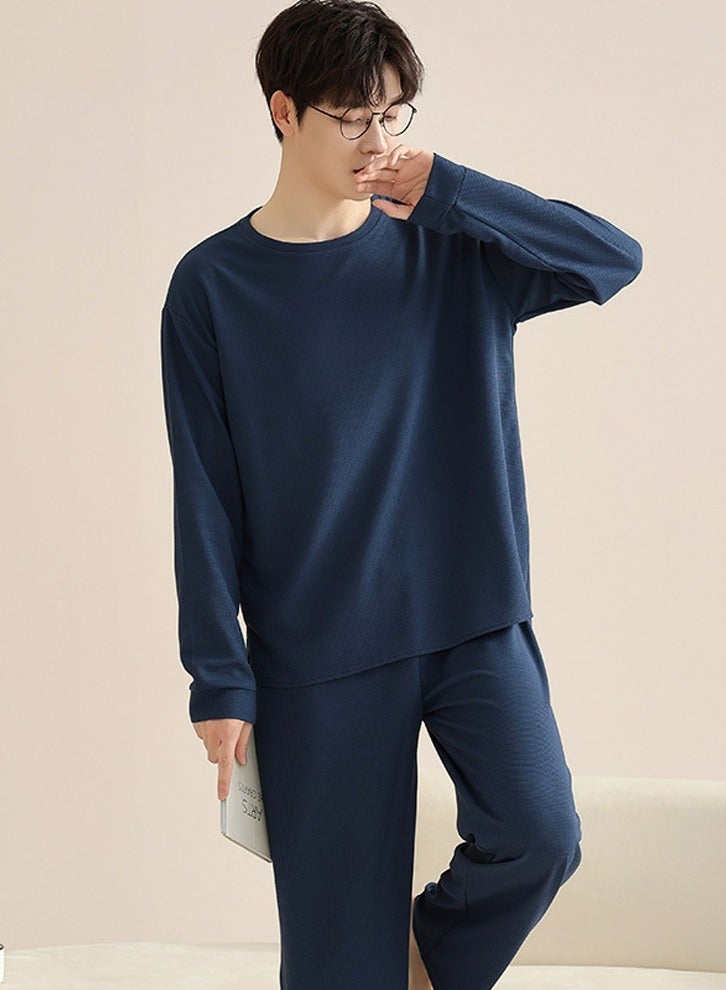 Loquat Men's Solid Color 2-Piece Set  Leisure Nightgown Sleepwear Round Neck Long Sleeve Top And Pants Soft Loungewear Pajamas Suit Navy Blue 
