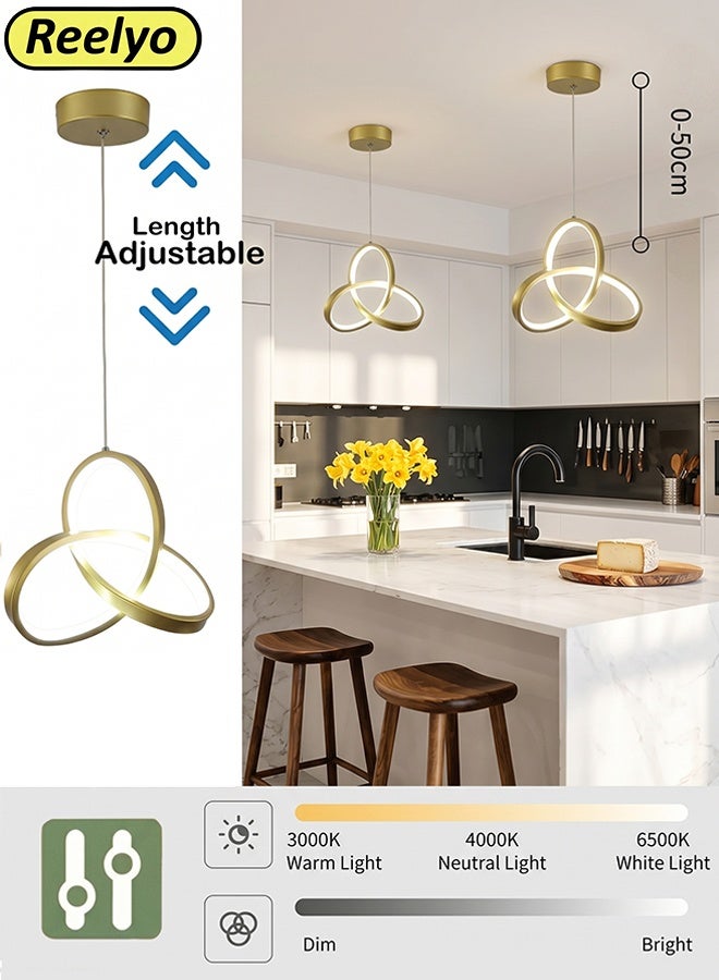 Reelyo Modern LED Pendant Light, 3-Colors Integrated Energy‑Saving Hanging Lamp, Adjustable Height & Light,  Eye‑Friendly Ceiling Light Kitchen Island Pendant Lighting Fixture No‑Flicker for Living Room Bedroom Home Office Study Balcony Stairway Entryway Kitchen Cloakroom Studio Cafe Bar, 1 Pack (Gold) - Image 1