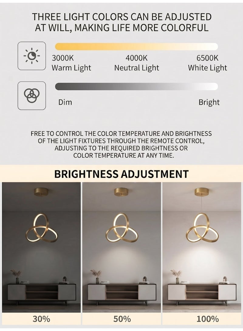 Reelyo Modern LED Pendant Light, 3-Colors Integrated Energy‑Saving Hanging Lamp, Adjustable Height & Light,  Eye‑Friendly Ceiling Light Kitchen Island Pendant Lighting Fixture No‑Flicker for Living Room Bedroom Home Office Study Balcony Stairway Entryway Kitchen Cloakroom Studio Cafe Bar, 1 Pack (Gold) - Image 3