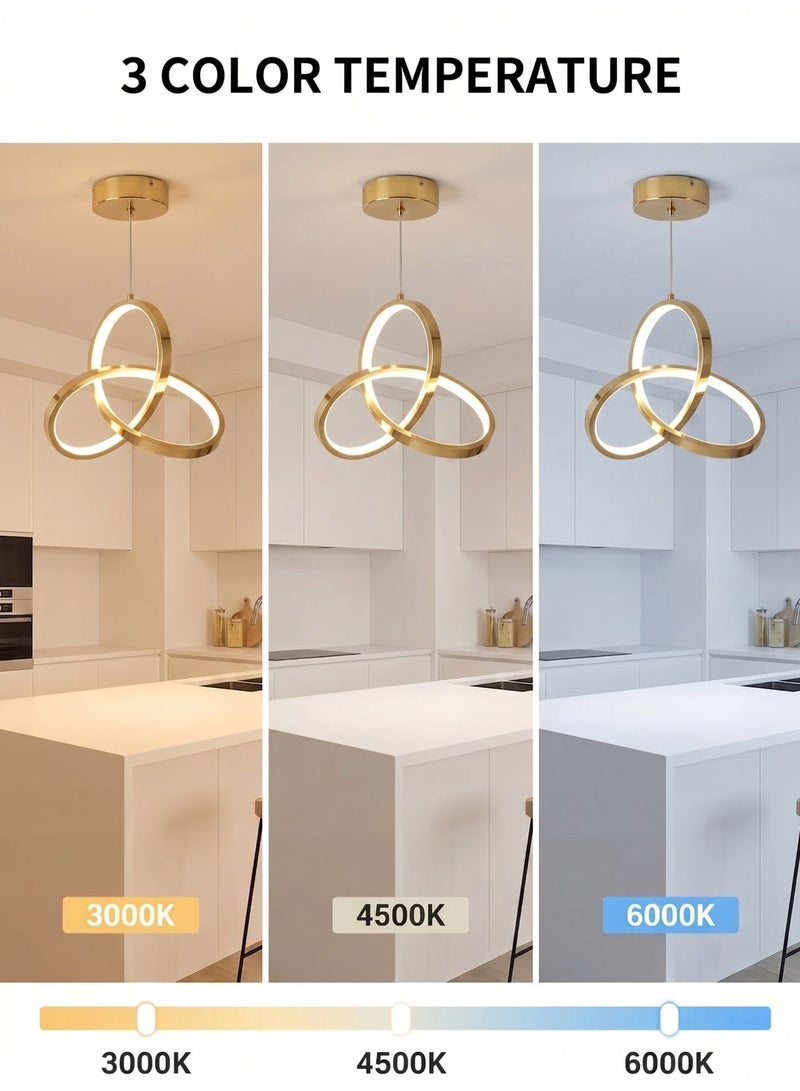 Reelyo Modern LED Pendant Light, 3-Colors Integrated Energy‑Saving Hanging Lamp, Adjustable Height & Light,  Eye‑Friendly Ceiling Light Kitchen Island Pendant Lighting Fixture No‑Flicker for Living Room Bedroom Home Office Study Balcony Stairway Entryway Kitchen Cloakroom Studio Cafe Bar, 1 Pack (Gold) - Image 4