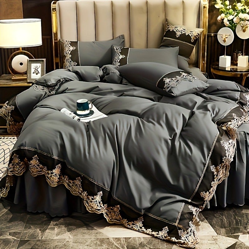 Contemporary Plain Colored Bedding in Green, Blue, Grey, Pink, White, Red, Purple, Or Light Green, Including Quilt Cover And Pillowcase, Available in Two Or Three Piece Options - Image 1
