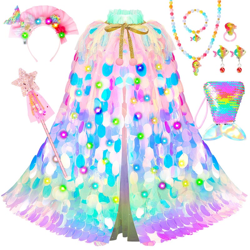 Limiroler Princess Dress Up Toys Princess Dress Up Clothes Rainbow Mermaid Cape Kit 9 Pcs Gift Set For Little Girls 3-8 Years (7 - Light Up Rainbow Multi-Color) - Image 1