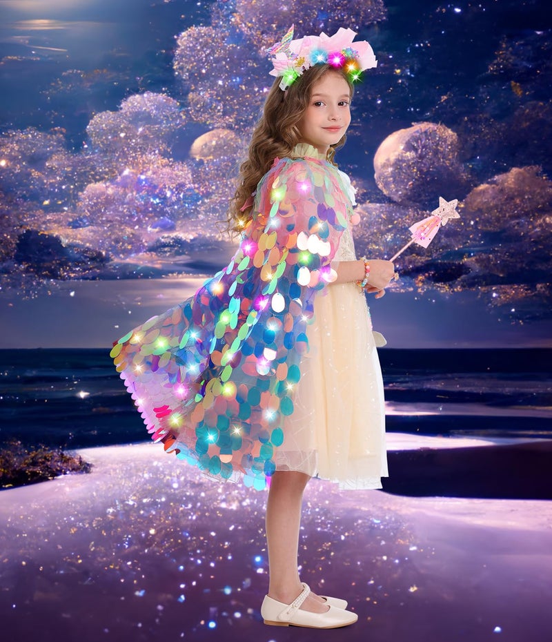 Limiroler Princess Dress Up Toys Princess Dress Up Clothes Rainbow Mermaid Cape Kit 9 Pcs Gift Set For Little Girls 3-8 Years (7 - Light Up Rainbow Multi-Color) - Image 3