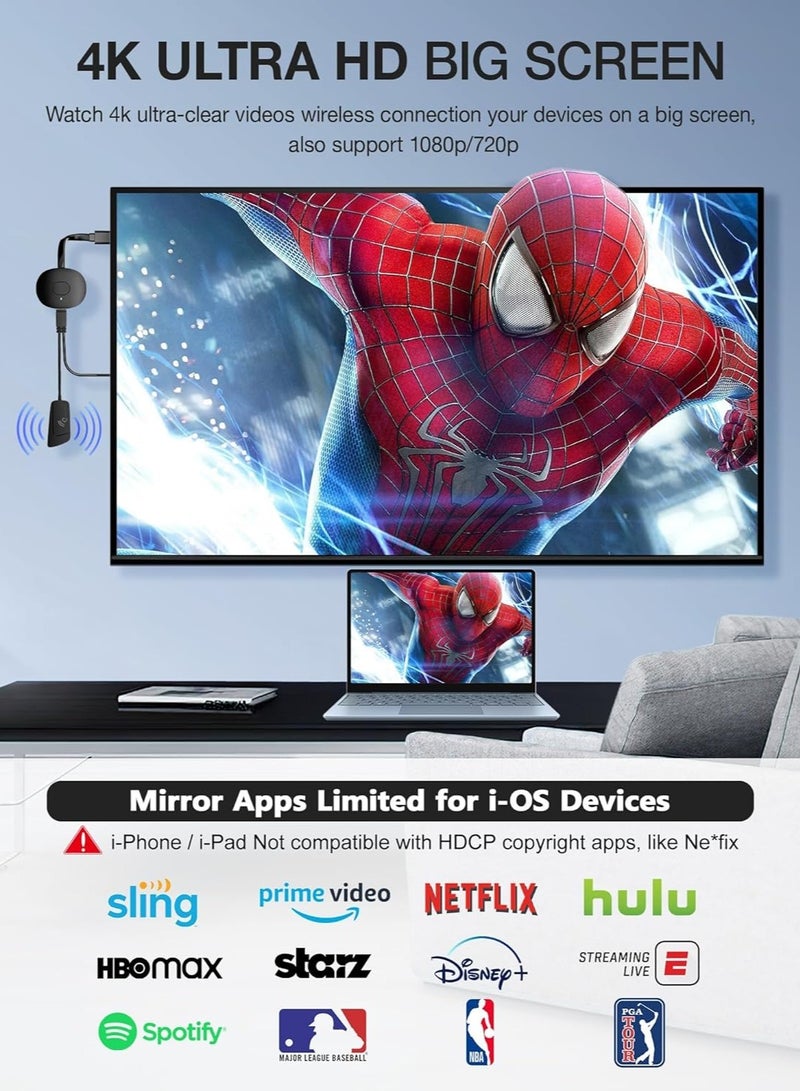 Wireless HDMI Display Adapter Dongle 4K Miracast Adapter Streaming YouTube Video/Audio Receiver for iPhone/iPad/iOS/Android/Mac/Laptop/PC to TV/Projector/Monitor - Image 4