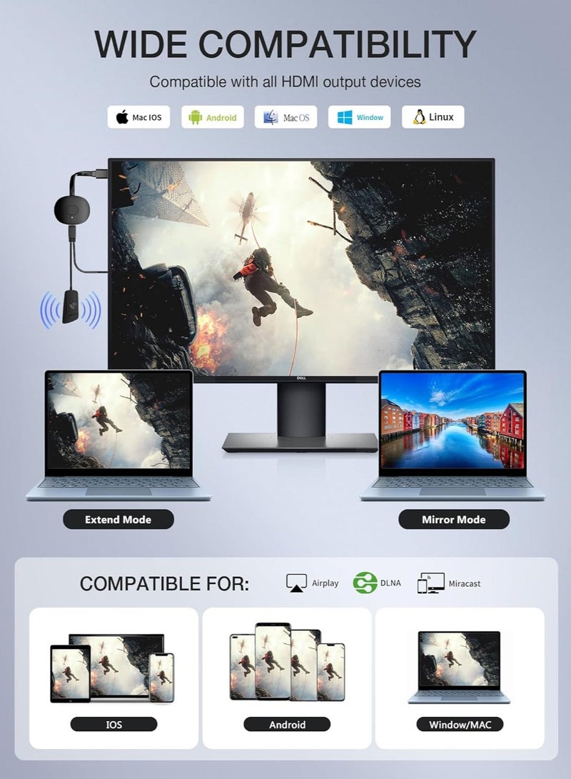 Wireless HDMI Display Adapter Dongle 4K Miracast Adapter Streaming YouTube Video/Audio Receiver for iPhone/iPad/iOS/Android/Mac/Laptop/PC to TV/Projector/Monitor - Image 2