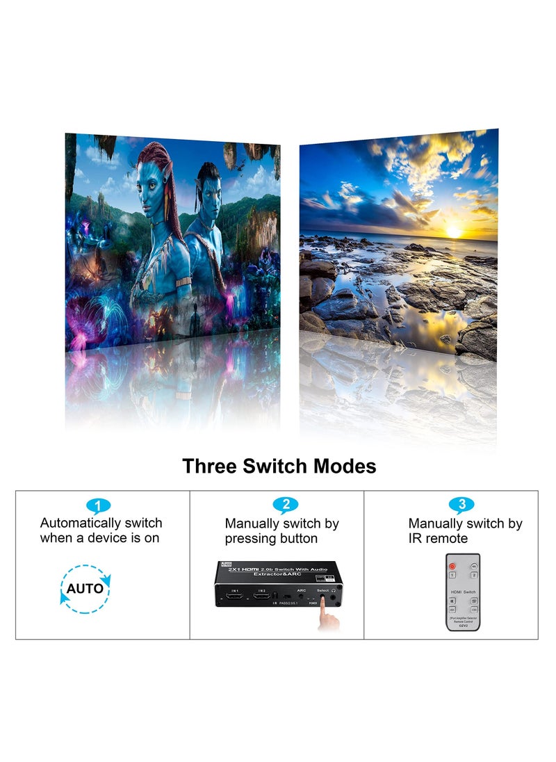 Vermaney - HDMI Switch Splitter, 2 Input 1 Output with Remote Remote Control, Optical Toslink Spdif Coaxial Analog RCA Stereo Audio Output, Support 4K60hz, 2 Port Hdmi2.0b Switcher Box, Can Be Used to Switch Cha - Image 1