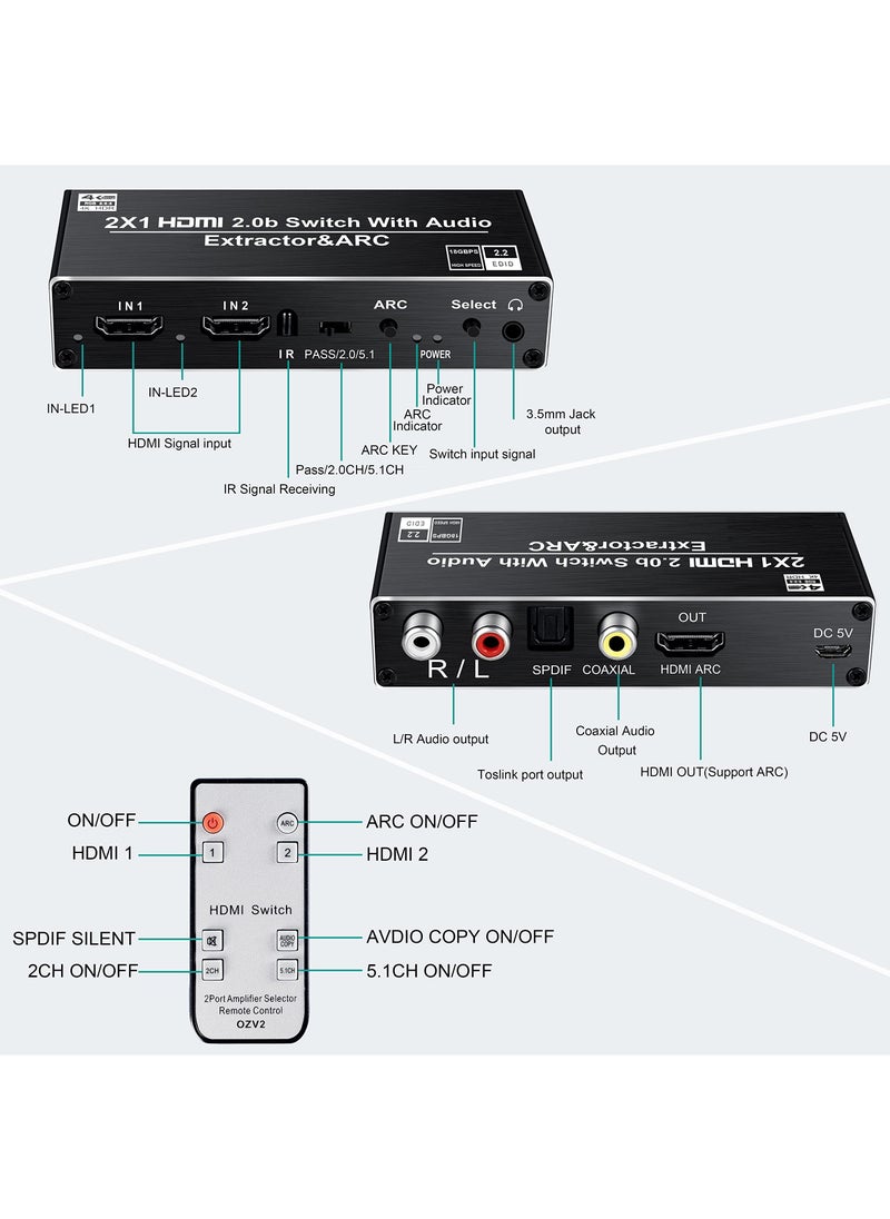 Vermaney - HDMI Switch Splitter, 2 Input 1 Output with Remote Remote Control, Optical Toslink Spdif Coaxial Analog RCA Stereo Audio Output, Support 4K60hz, 2 Port Hdmi2.0b Switcher Box, Can Be Used to Switch Cha - Image 1