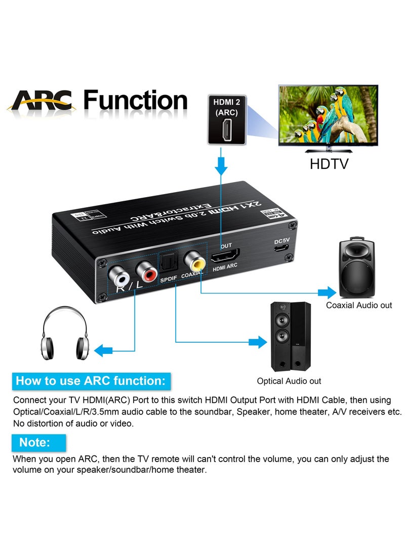Vermaney - HDMI Switch Splitter, 2 Input 1 Output with Remote Remote Control, Optical Toslink Spdif Coaxial Analog RCA Stereo Audio Output, Support 4K60hz, 2 Port Hdmi2.0b Switcher Box, Can Be Used to Switch Cha - Image 1
