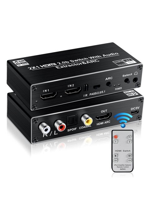 HDMI Switch Splitter, 2 Input 1 Output with Remote Remote Control, Optical Toslink Spdif Coaxial Analog RCA Stereo Audio Output, Support 4K60hz, 2 Port Hdmi2.0b Switcher Box, Can Be Used to Switch Cha
