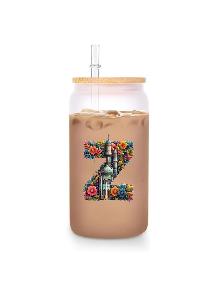 PRINTSHOP4ME Eco-Friendly Reusable Glass Bottle with Straw and Bamboo Lid - 455 ml Initial Monogram Floral Design - Perfect for Iced Coffee, Tea - Durable, and Leak-Proof - Ideal for Office, and Travel  - Image 1