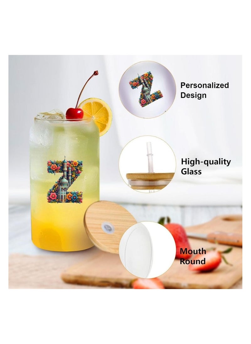 PRINTSHOP4ME Eco-Friendly Reusable Glass Bottle with Straw and Bamboo Lid - 455 ml Initial Monogram Floral Design - Perfect for Iced Coffee, Tea - Durable, and Leak-Proof - Ideal for Office, and Travel  - Image 2