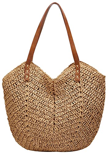 Caistre Summer Casual Straw Tote Bag Large Capacity Woven Shoulder Handbag for Summer Beach Vocation (A-Khaki) - Image 1