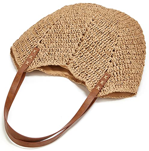 Caistre Summer Casual Straw Tote Bag Large Capacity Woven Shoulder Handbag for Summer Beach Vocation (A-Khaki) - Image 3