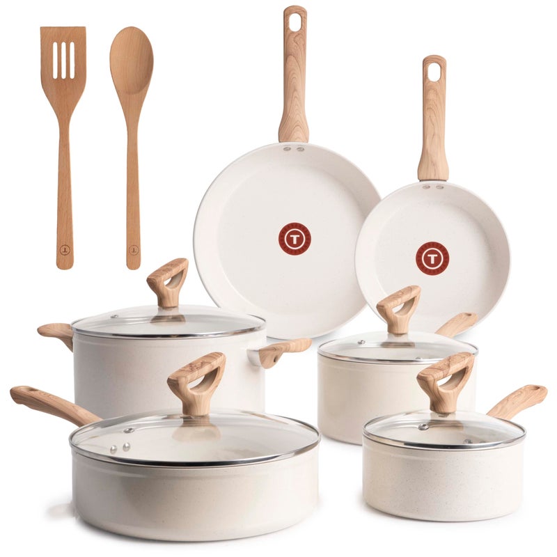 T-Fal Revive Ceramic Nonstick Cookware Set, Oven Safe Up to 350ÂºF, 12-Piece, Includes Stockpot, Saucepan, Skillet, Frying Pans, Utensils, Ceramic Pots and Pans Set, Beige Granite - Image 1