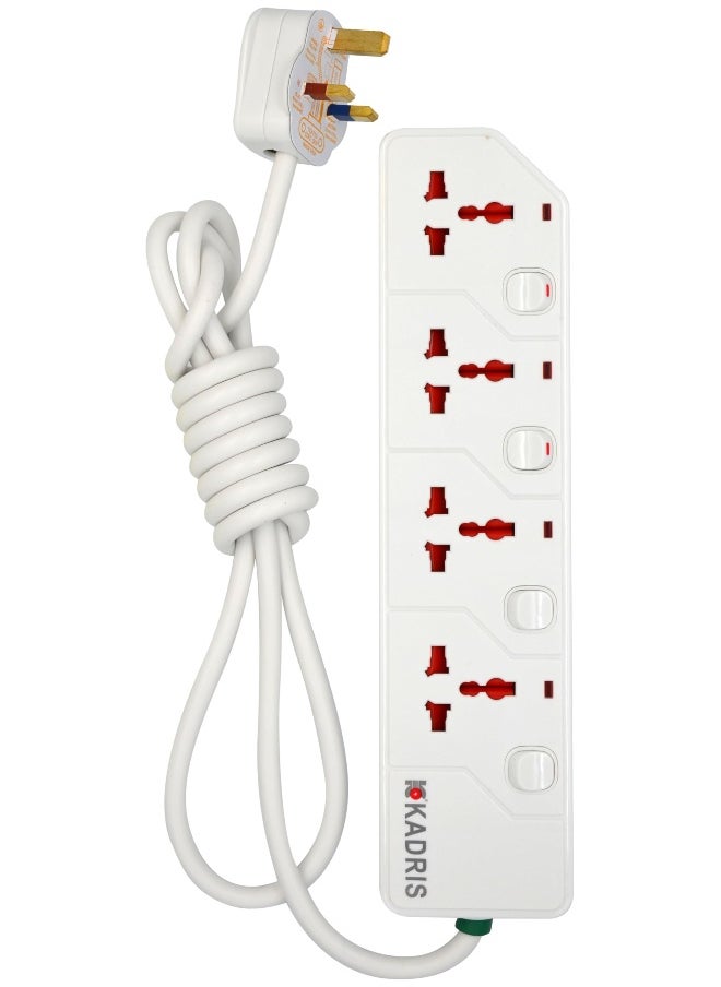 KADRIS - Power Strips KD1604S Heavy Duty Extension Cord with 4 way Outlets with switches, Charging Socket with 2 meter Heat resistant  Extension Cord (White) - Image 1