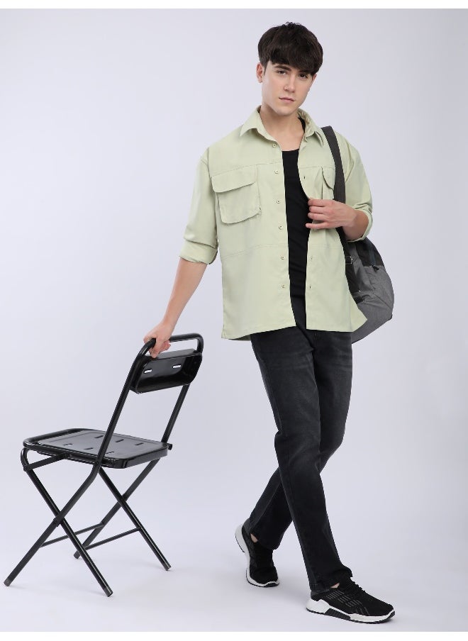 Beyoung - Pale Green Baggy Pocketed Shirt - Image 1