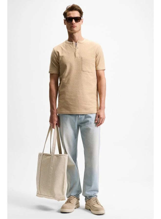 Grimelange ERMAC Men's Collared Button Short Sleeve Beige T-Shirt.