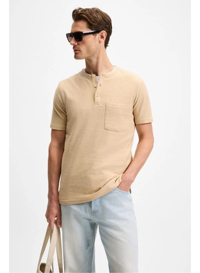 Grimelange ERMAC Men's Collared Button Short Sleeve Beige T-Shirt.