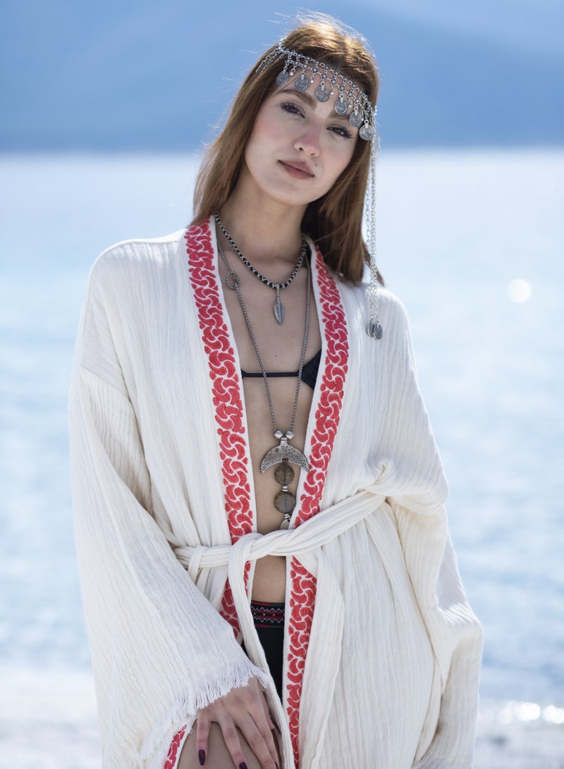 Babylon Kimono – Turkish Lightweight Bamboo Cotton Blend Kimono, Boho Beach Cover-Up, White with Red Ancient Fancy Print, Resort & Loungewear  - Image 1