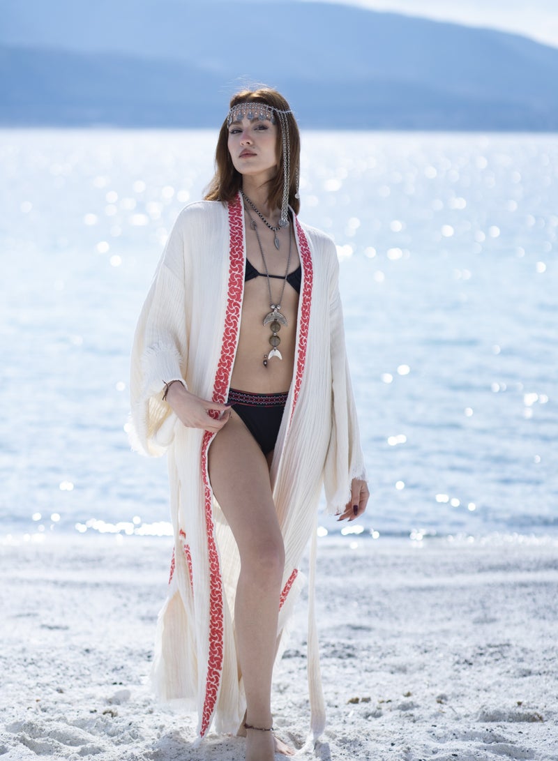 Babylon Kimono – Turkish Lightweight Bamboo Cotton Blend Kimono, Boho Beach Cover-Up, White with Red Ancient Fancy Print, Resort & Loungewear  - Image 2