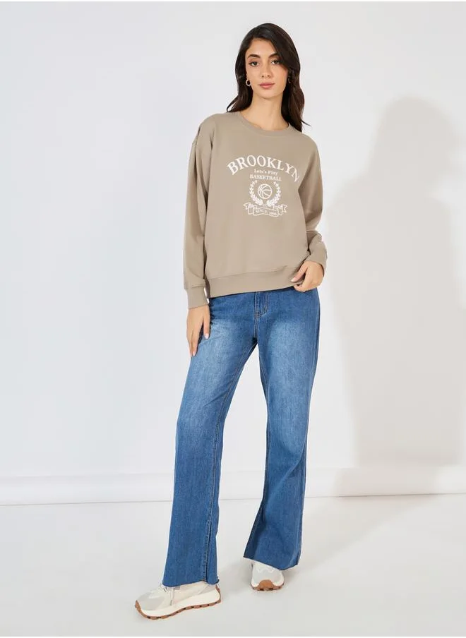 Styli Regular Fit Longline Graphic Sweatshirt with Neck Rib Detail