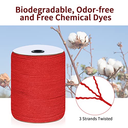 HOMEBOBO Macrame Cord 3mm x 328Yards, Colored Natural Cotton Macrame Rope - 3 Strands Twisted Colorful Macrame Cotton Cord for Wall Hanging, Plant Hangers, Crafts, Gift Wrapping and Wedding Decorations, Red - Image 2