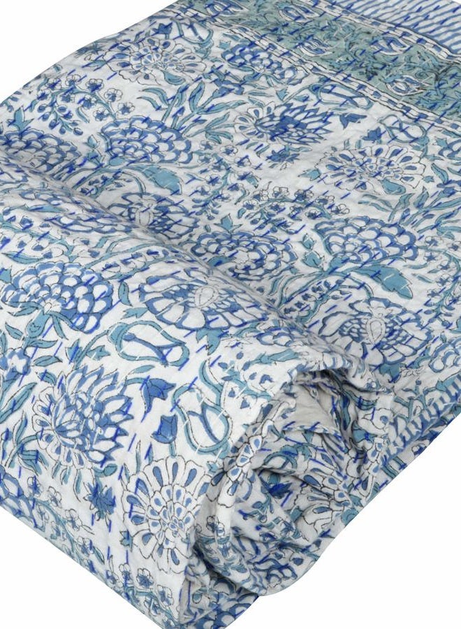 V Vedant Designs Indian Handmade Twin/Queen Kantha Quilt Floral Print Kantha Blue Cotton Bedspread Gudari (Twin Size(90x60) Inches) - Image 3
