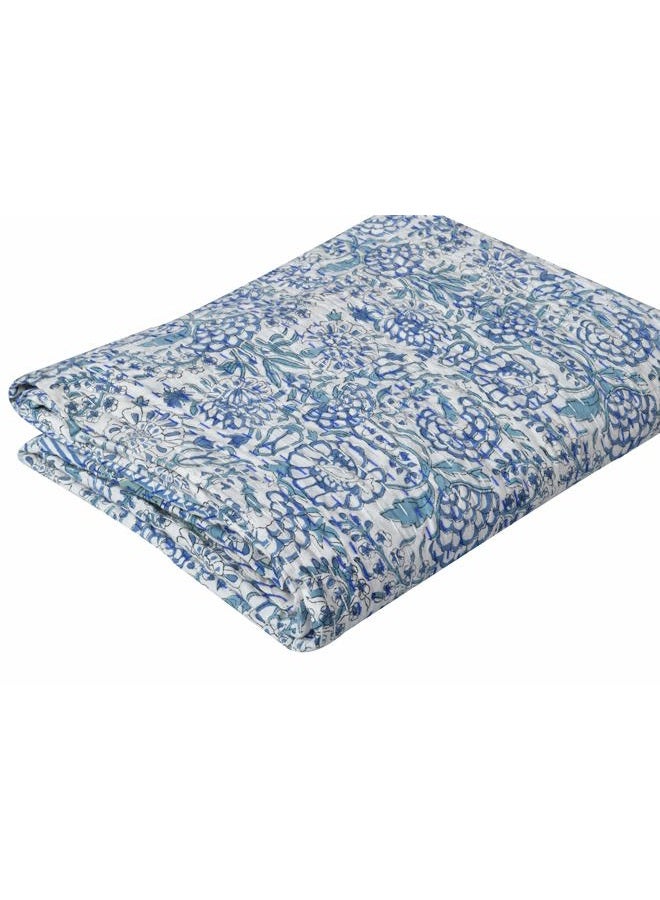 V Vedant Designs Indian Handmade Twin/Queen Kantha Quilt Floral Print Kantha Blue Cotton Bedspread Gudari (Twin Size(90x60) Inches) - Image 4