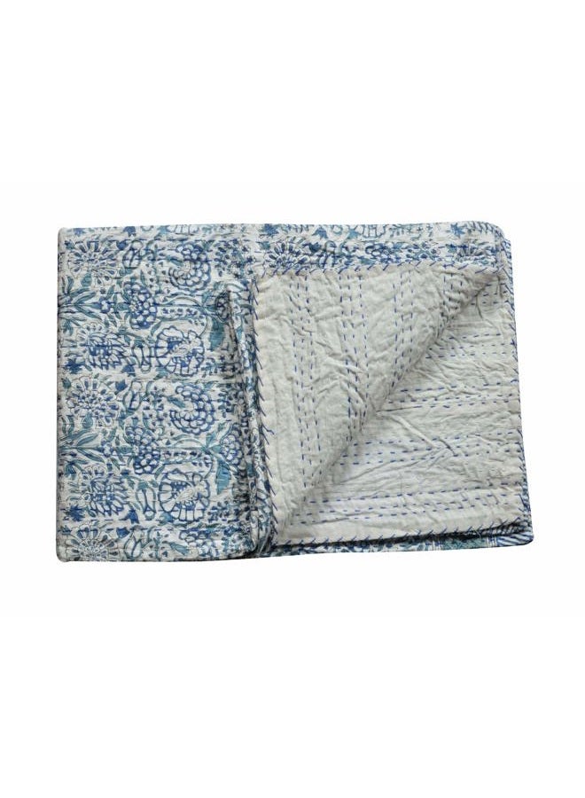 V Vedant Designs Indian Handmade Twin/Queen Kantha Quilt Floral Print Kantha Blue Cotton Bedspread Gudari (Twin Size(90x60) Inches) - Image 5