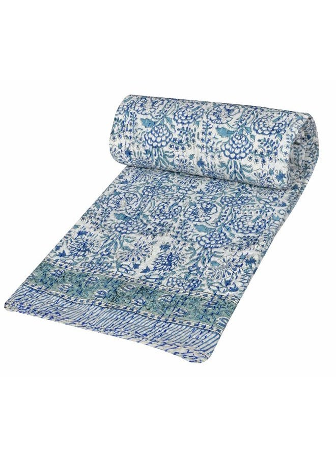 V Vedant Designs Indian Handmade Twin/Queen Kantha Quilt Floral Print Kantha Blue Cotton Bedspread Gudari (Twin Size(90x60) Inches) - Image 1