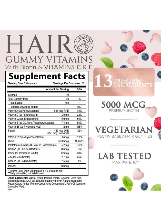 Nature's Nutrition Sugar Free Hair Vitamins Gummies with Biotin 5000 mcg, Vitamin A, B12, C, D, E, Folic Acid, Supports Hair Growth Gummy, Vegetarian Friendly, Supports Strong Beautiful Hair and Nails - 60 Gummies  - Image 2