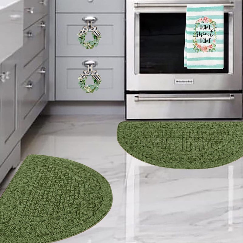 Green Kitchen Rugs for Floor 2 Piece 18X30 Non Skid Washable Kitchen Mats Absorbent Standing Rug Throw RugHalf Circle Carpet for Spring Kitchen Decoration