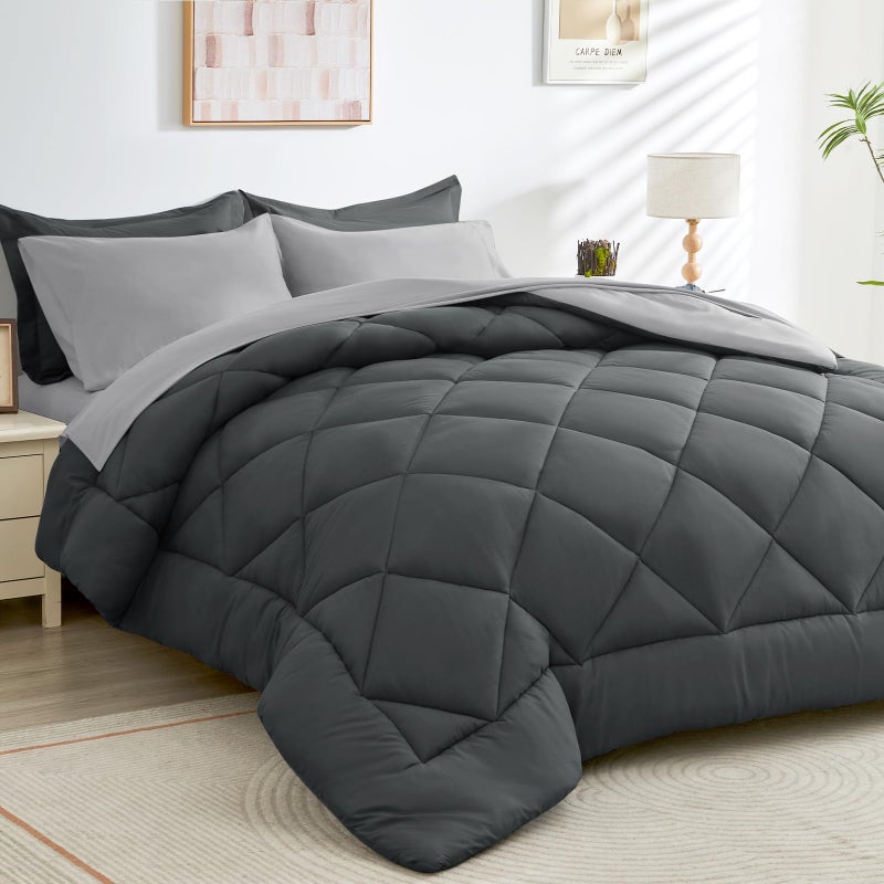 HEVUMYI Queen Comforter Set  7Piece All Season Bed in a Bag Queen Ultra Soft Bedding Set with Comforter Flat Sheet Fitted Sheet Pillowcases Pillow Shams Dark Grey  Light Grey