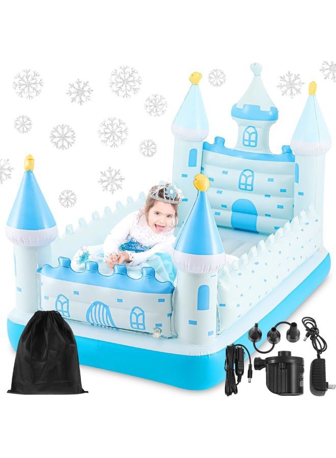 Relaxgiant Blue Castle Inflatable Kids Bed, Toddler Travel Bed with Safety Bumper and Air Mattress Portable Air Mattress with Pump for Vacation Hotel Home Sleepover Kids Gift for Birthday Christmas - Image 1