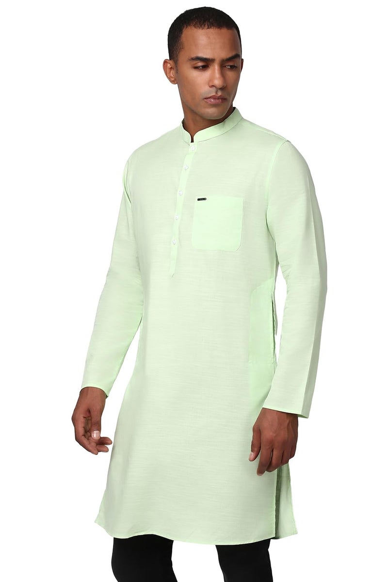 Peter England Men's Everyday Festive Solid Long Kurta Cotton Light Green - Image 3