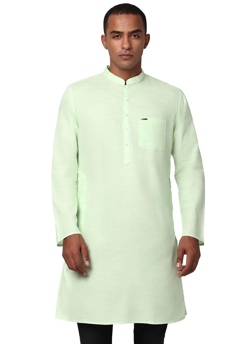 Peter England Men's Everyday Festive Solid Long Kurta Cotton Light Green - Image 1