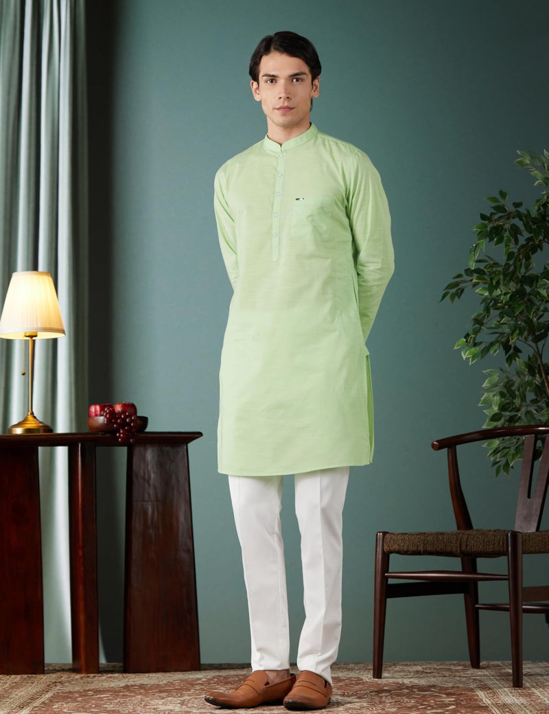 Peter England Men's Everyday Festive Solid Long Kurta Cotton Light Green - Image 2