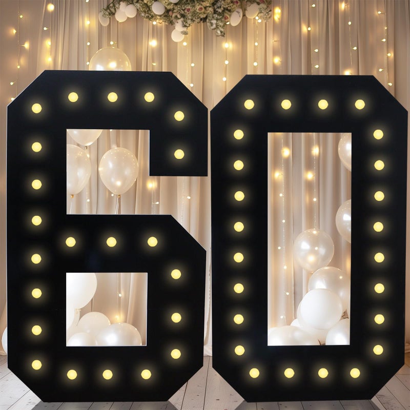 LOBOOM 4FT Marquee Light Up Numbers, Black Giant Marquee Number Big Mosaic Number for 60th Birthday Party Decorations Backdrop 60 Anniversary Decor, Pre-Cut Frame Large Number 60 - Image 1