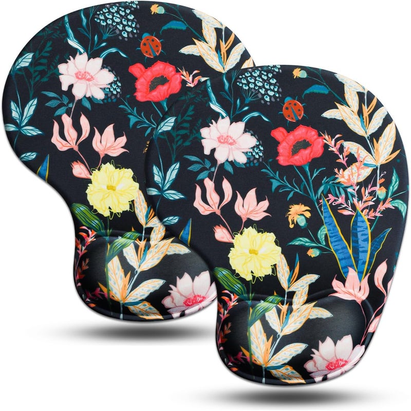 JIKIOU Mouse Pad, 2 Pack Ergonomic Mouse Pads with Comfortable Gel Wrist Rest Support and Smooth Cloth, Non-Slip PU Base for Easy Typing Pain Relief Durable and Easy to Clean Small Black Flowers - Image 1